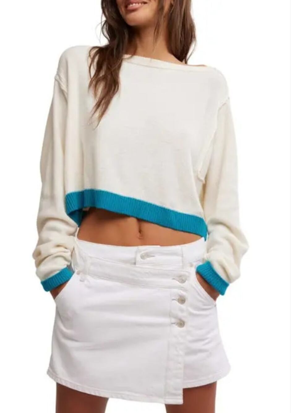 Free People We the Free Into the Blue Crop Sweater Cream Teal Wool Blend M
